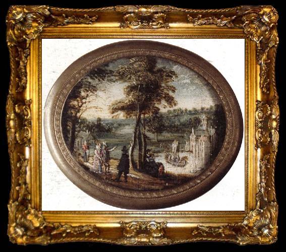 framed  unknow artist A landscape with elegant figures promenading before a lake,a castle beyond, ta009-2